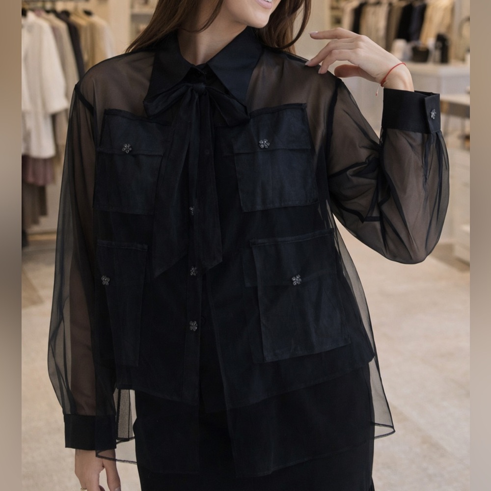 Chic Sheer Black Button Down with Bow Tie